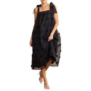 Black Midi Dress Sheer 3D Polka Dot Pom-Poms In February Arianna Midi Dress